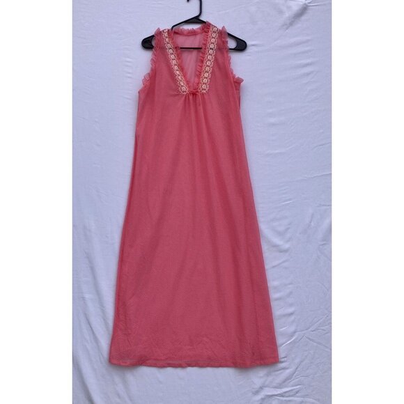 Barbiecore Bright Pink Vtg Nightgown W/ Lace and Waffle Weave Pattern Medium - Picture 2 of 8